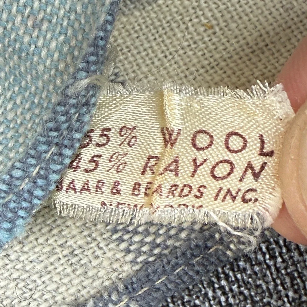 Baar & Beards Vintage Plaid Scarf Blue Cream Wool Rayon Blend Fringe Excellent